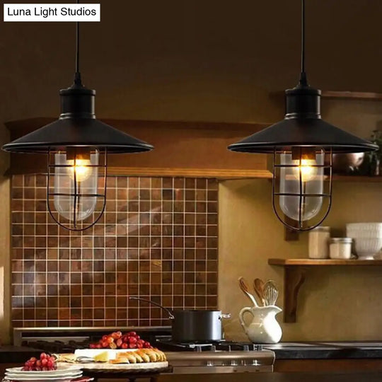 Rustic Iron Saucer Dining Room Pendulum Light - Black Pendant Lamp With 2 Extra Shade Guards