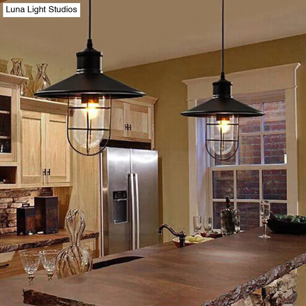 Saucer Pendulum Light - Rustic Iron 1 Bulb 10.5/14 Wide Black Pendant Lamp With 2-Shade Guard / 10.5