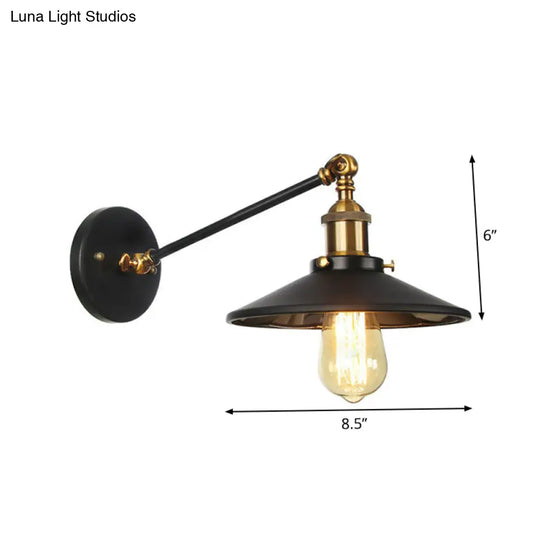 Rustic Iron Swing Arm Kitchen Wall Lamp - Horn/Flared/Scalloped Design Single-Bulb Black Finish