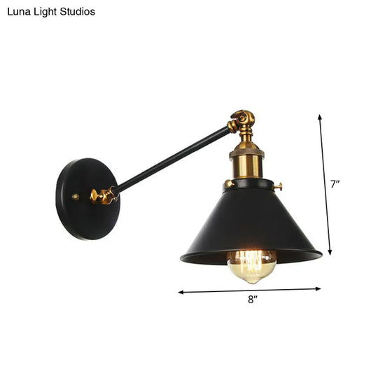 Rustic Iron Swing Arm Kitchen Wall Lamp - Horn/Flared/Scalloped Design Single-Bulb Black Finish