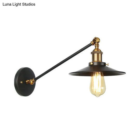 Rustic Iron Swing Arm Kitchen Wall Lamp - Horn/Flared/Scalloped Design Single-Bulb Black Finish
