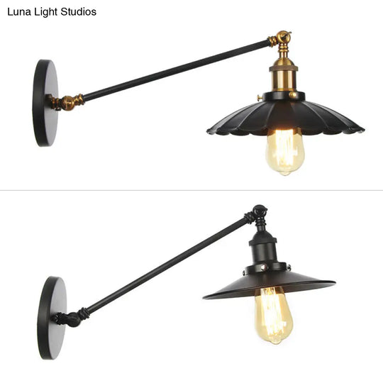 Rustic Iron Swing Arm Kitchen Wall Lamp - Horn/Flared/Scalloped Design Single-Bulb Black Finish