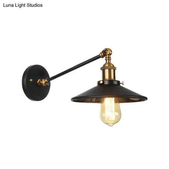 Rustic Iron Swing Arm Kitchen Wall Lamp - Horn/Flared/Scalloped Design Single-Bulb Black Finish