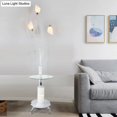 Rustic Ivory Glass 3-Light Floor Lamp With Table Tulip Living Room Standing Light