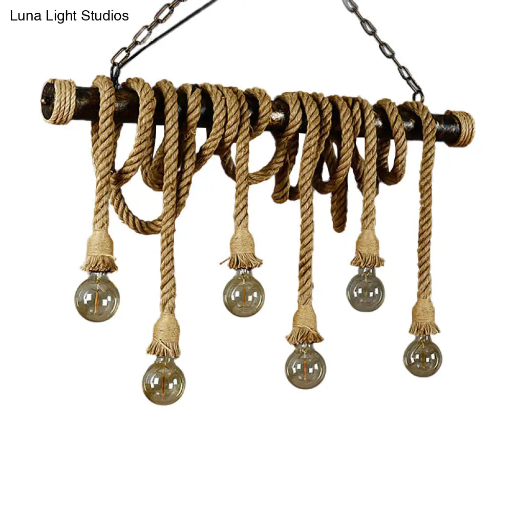 Rustic Jute Rope Island Pendant Light For Wine Bar - 4/6 Lights Farmhouse Style Linear Design