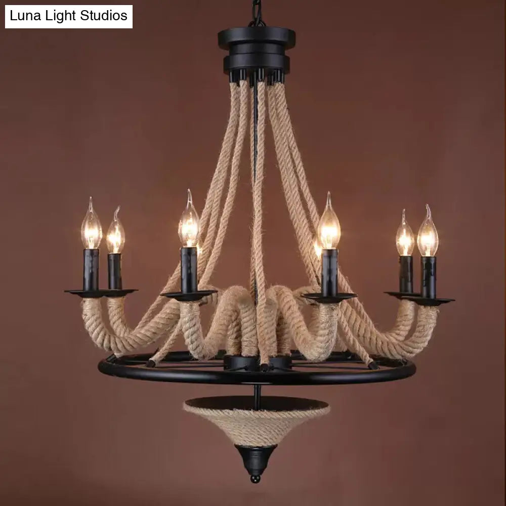 Cottage Brown Jute Rope Wrapped 8-Light Candelabra Chandelier