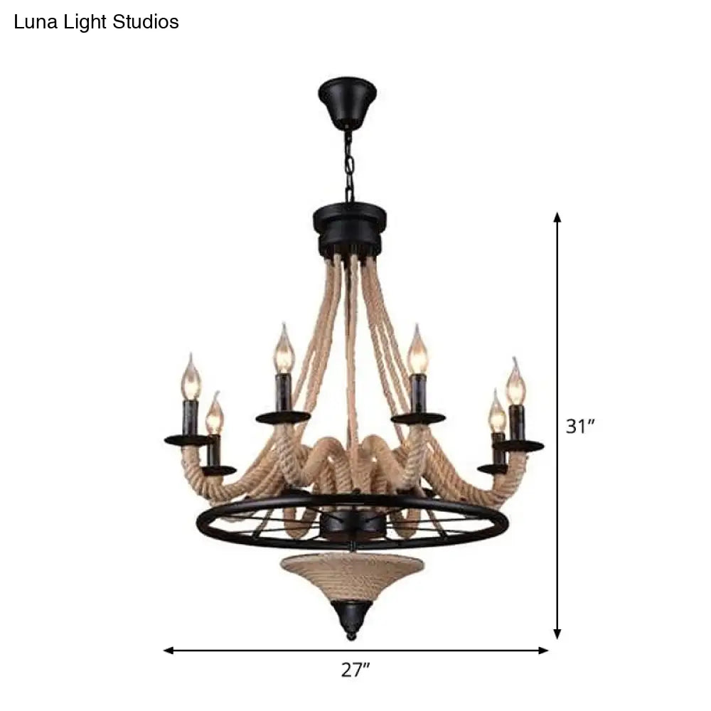 Cottage Brown Jute Rope Wrapped 8-Light Candelabra Chandelier