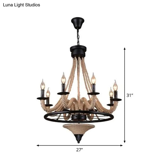 Cottage Brown Jute Rope Wrapped 8-Light Candelabra Chandelier