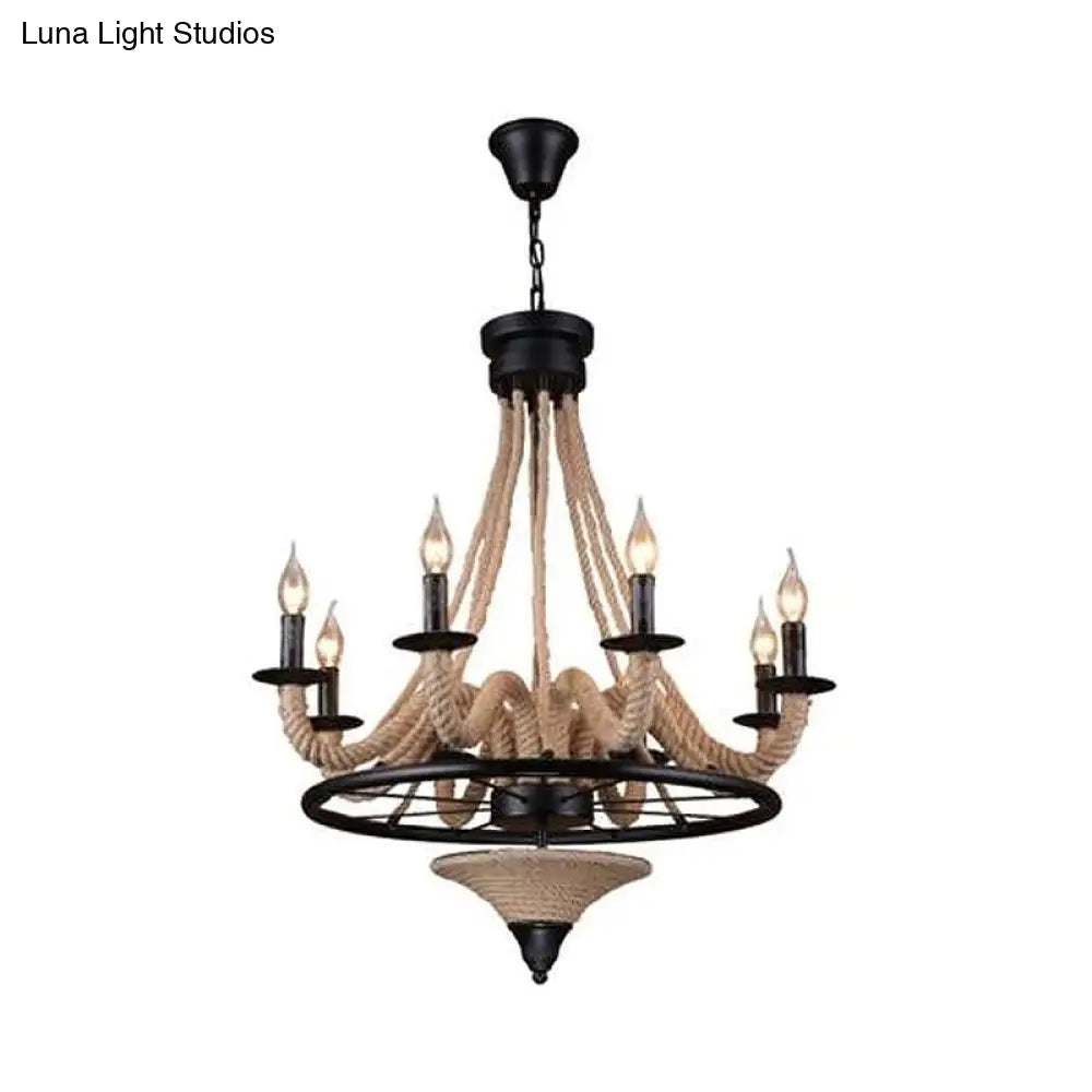 Cottage Brown Jute Rope Wrapped 8-Light Candelabra Chandelier
