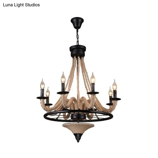 Cottage Brown Jute Rope Wrapped 8-Light Candelabra Chandelier
