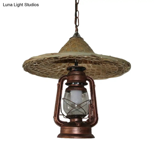 Rustic Clear Glass Kerosene Pendant Ceiling Hang Light In Black/Bronze/Copper With Coolie Hat Deco