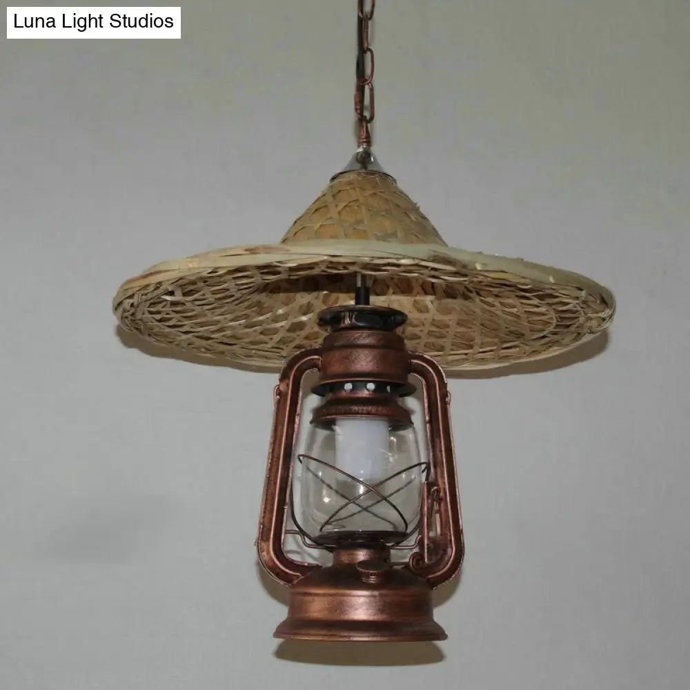 Rustic Clear Glass Kerosene Pendant Ceiling Hang Light In Black/Bronze/Copper With Coolie Hat Deco
