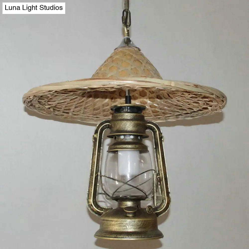 Rustic Kerosene Pendant Light With Clear Glass And Coolie Hat Deco - Black/Bronze/Copper Finish