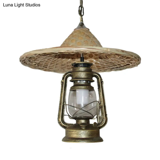 Rustic Clear Glass Kerosene Pendant Ceiling Hang Light In Black/Bronze/Copper With Coolie Hat Deco