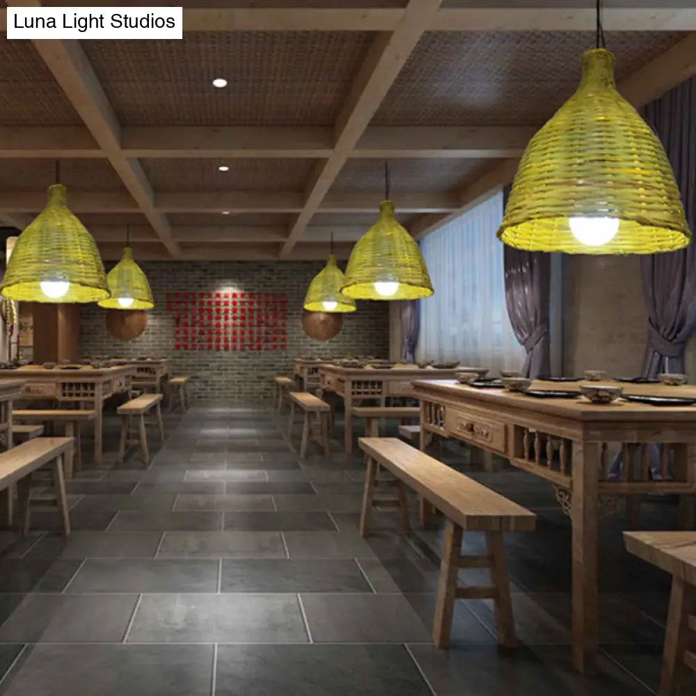 Rustic Knitted Bamboo Bell Pendant Light - Luminaire Lighting For Restaurant