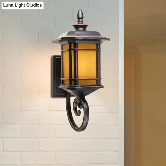 Rustic Lantern Wall Light Sconce With Yellow Glass Scrolled Arm - Coffee Finish