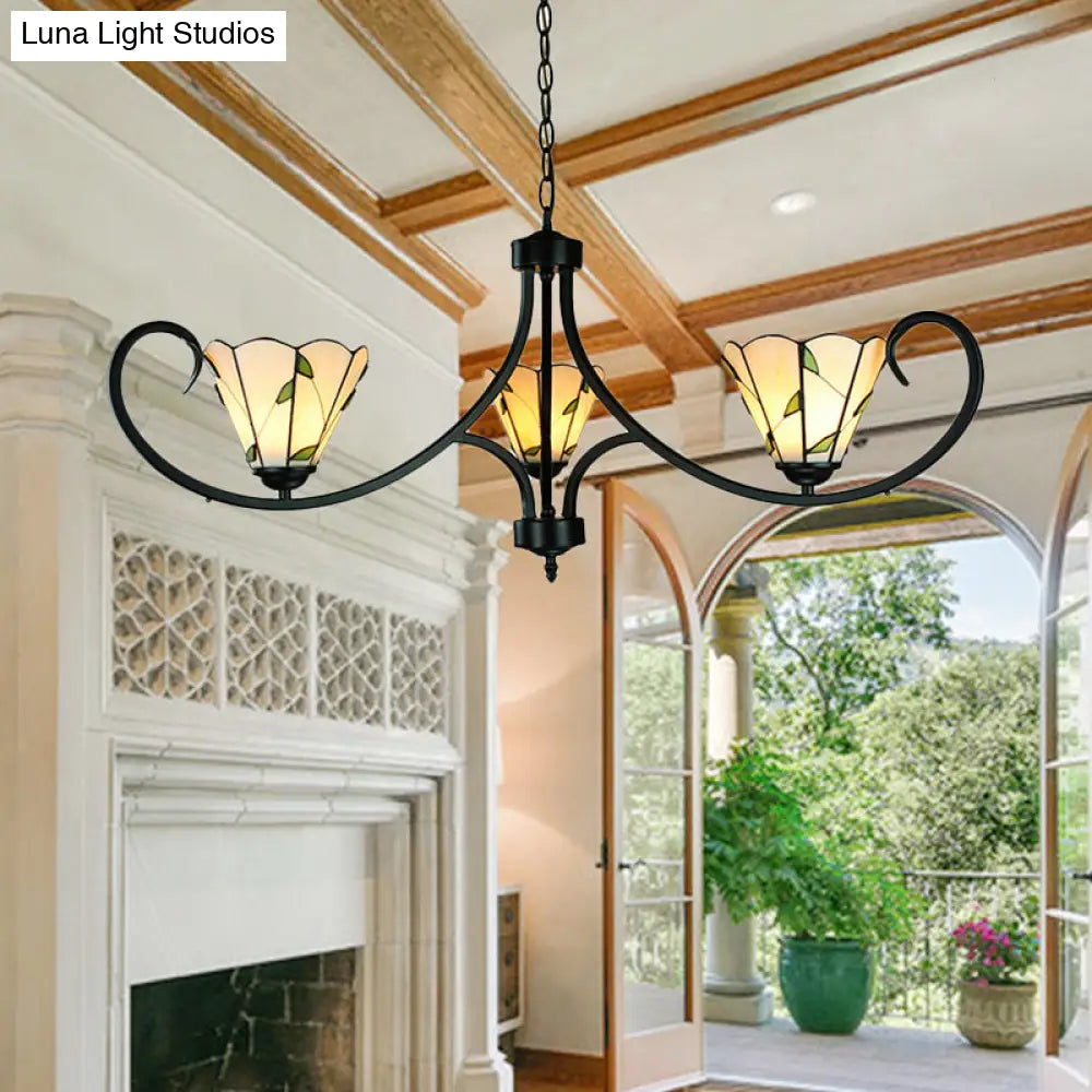 Rustic Leaf Pendant Light With Beige Glass Chandelier - Adjustable 3 Lights