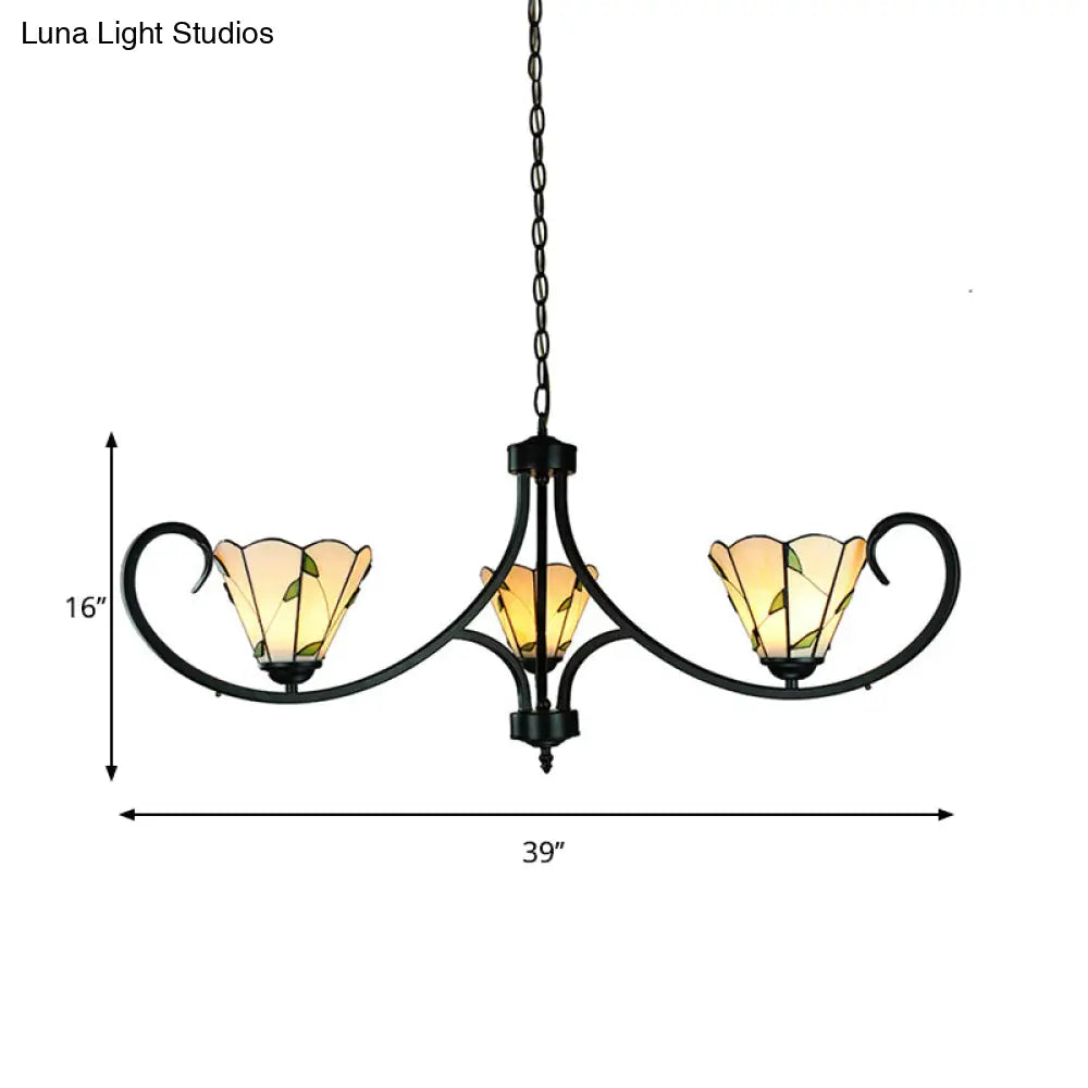 Rustic Leaf Pendant Light With Beige Glass Chandelier - Adjustable 3 Lights