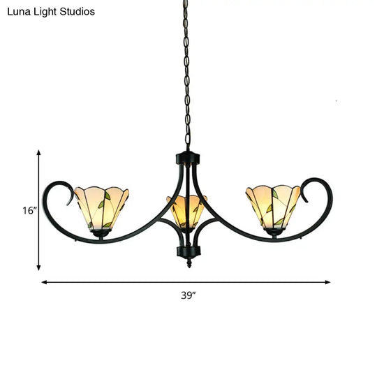 Rustic Leaf Pendant Light With Beige Glass Chandelier - Adjustable 3 Lights