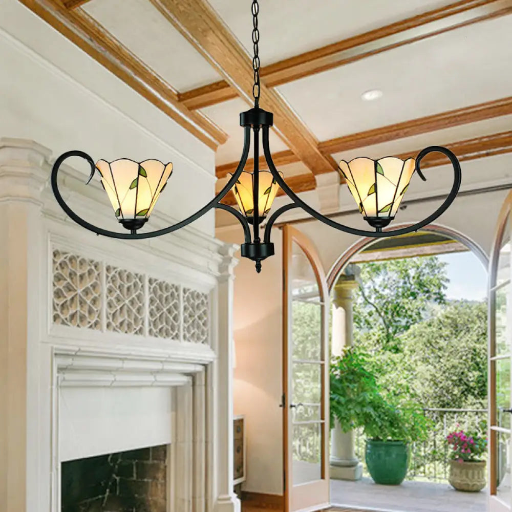 Rustic Leaf Pendant Light With Cone Shade And Adjustable Chain - 3 Beige Glass Chandelier For Foyer