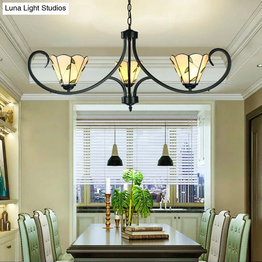 Rustic Leaf Pendant Light With Beige Glass Chandelier - Adjustable 3 Lights