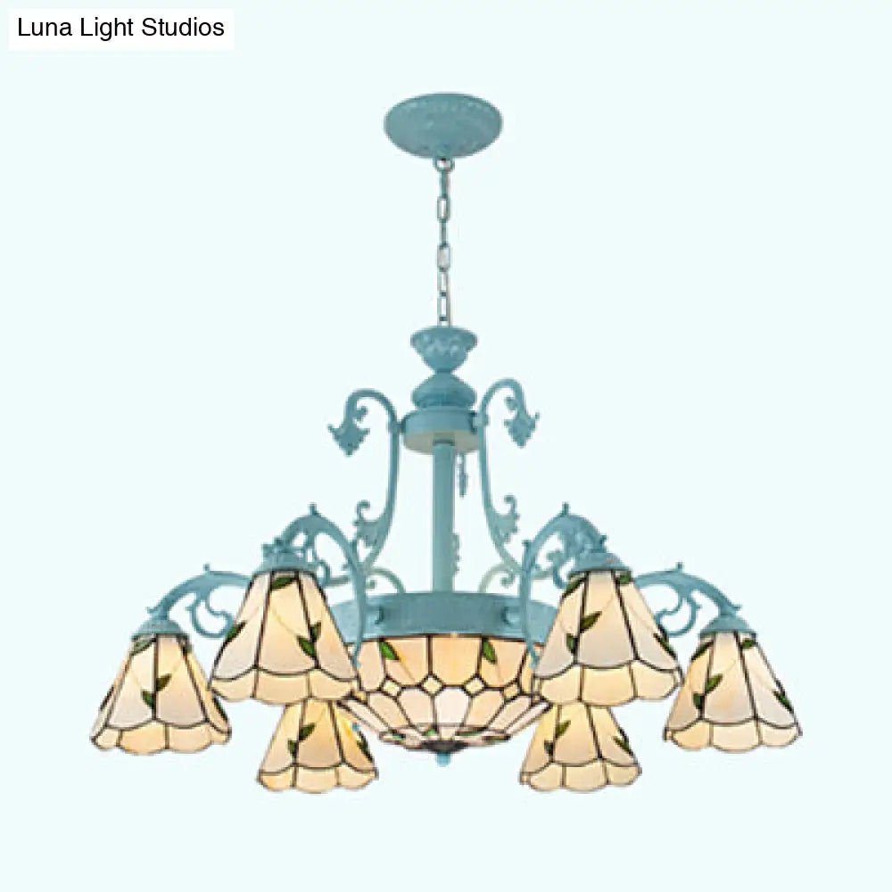 Rustic Leaf Stained Glass Ceiling Chandelier With Metal Chain - Indoor Lighting
