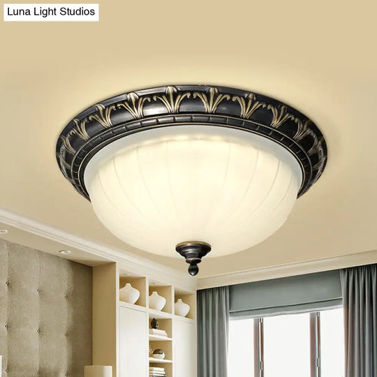 Rustic Led Dome Ceiling Light With White Glass - Black Flush Mount Fixture For Living Room