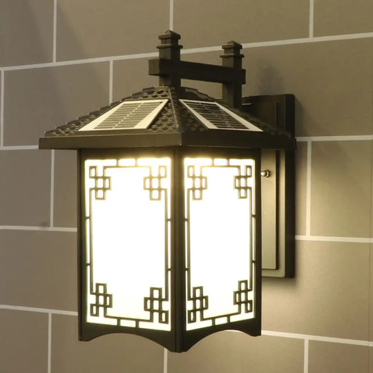 Rustic Led Wall Sconce With Frost Glass - Solar Powered For Courtyard Black / C