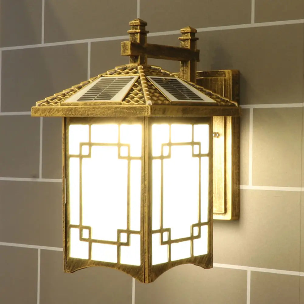 Rustic Led Wall Sconce With Frost Glass - Solar Powered For Courtyard Bronze / B