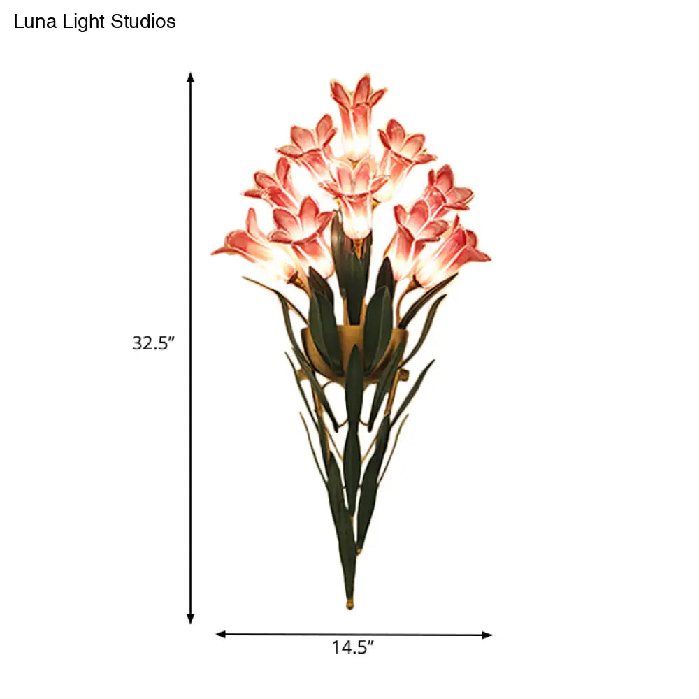 Rustic Lily Bouquet Wall Lamp Kit - 6/10 Heads White/Purple Glass Sconce Light Fixture For Dining