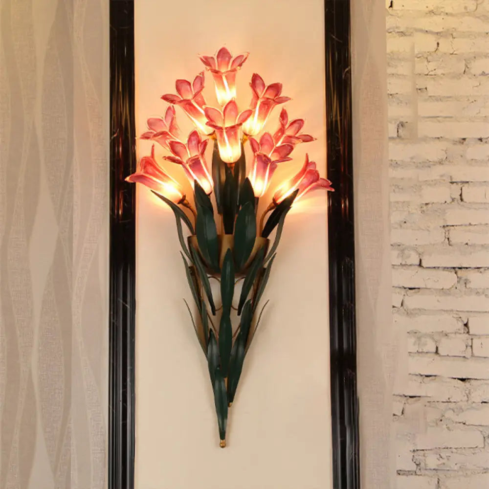 Rustic Lily Bouquet Wall Lamp Kit - 6/10 Heads White/Purple Glass Sconce Light Fixture For Dining