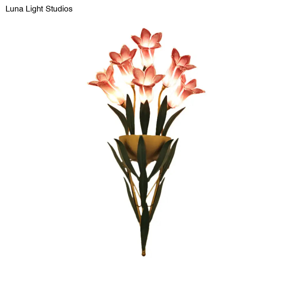 Rustic Lily Bouquet Wall Lamp Kit - 6/10 Heads White/Purple Glass Sconce Light Fixture For Dining