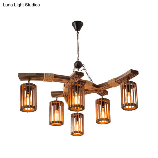 Rustic Lodge Chandelier: Wood Cage Pendant Light With Rope Detail - 6 Bulb Dining Room Ceiling