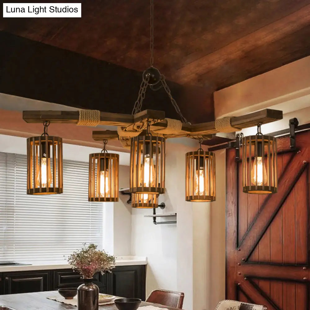 Rustic Lodge Chandelier: Wood Cage Pendant Light With Rope Detail - 6 Bulb Dining Room Ceiling