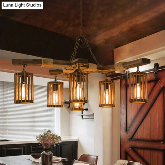 Rustic Lodge Chandelier: Wood Cage Pendant Light With Rope Detail - 6 Bulb Dining Room Ceiling