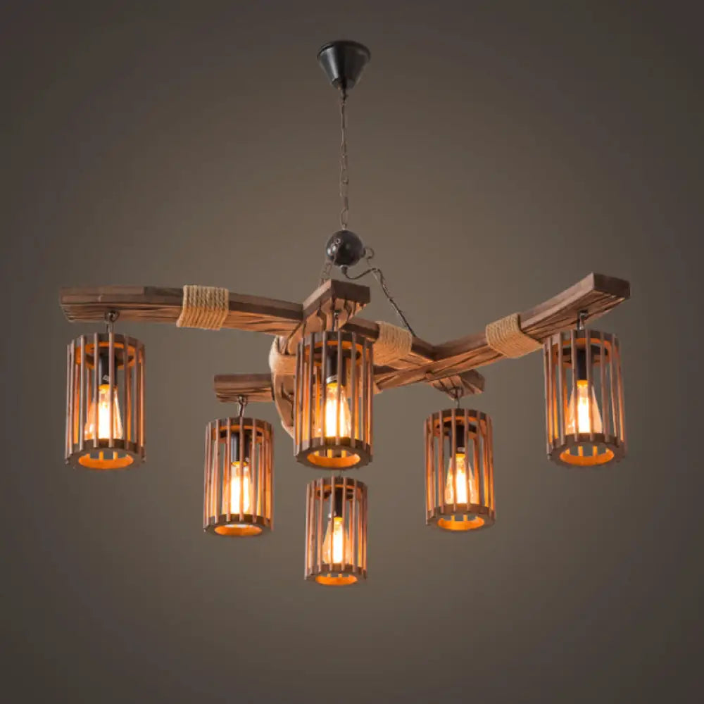 Rustic Lodge Chandelier: Wood Cage Pendant Light With Rope Detail - 6 Bulb Dining Room Ceiling