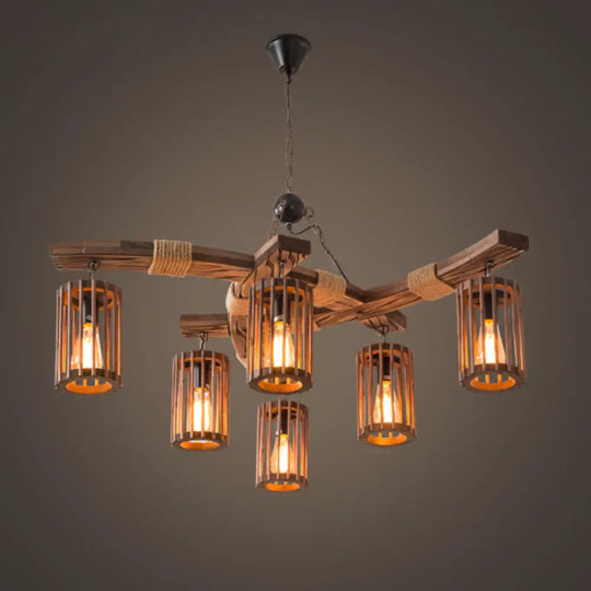 Rustic Lodge Chandelier: Wood Cage Pendant Light With Rope Detail - 6 Bulb Dining Room Ceiling
