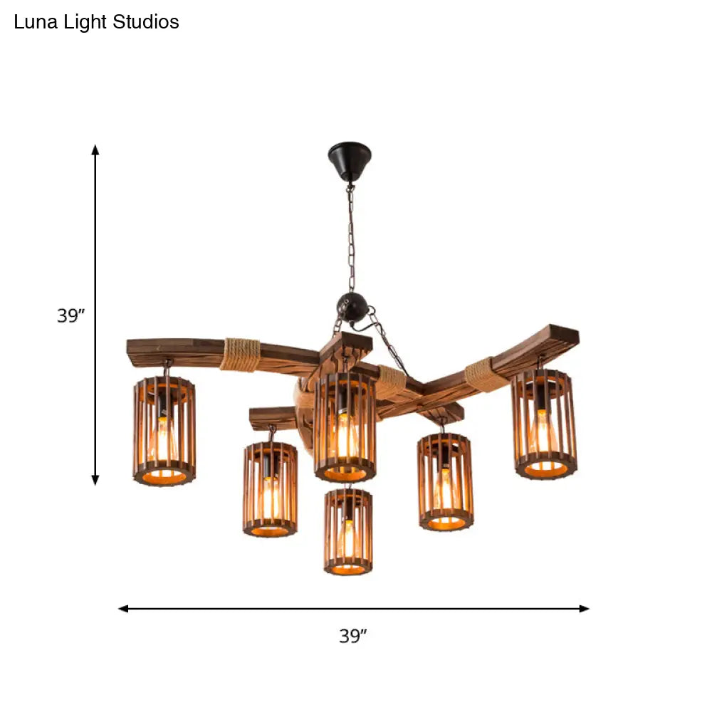 Rustic Lodge Chandelier: Wood Cage Pendant Light With Rope Detail - 6 Bulb Dining Room Ceiling