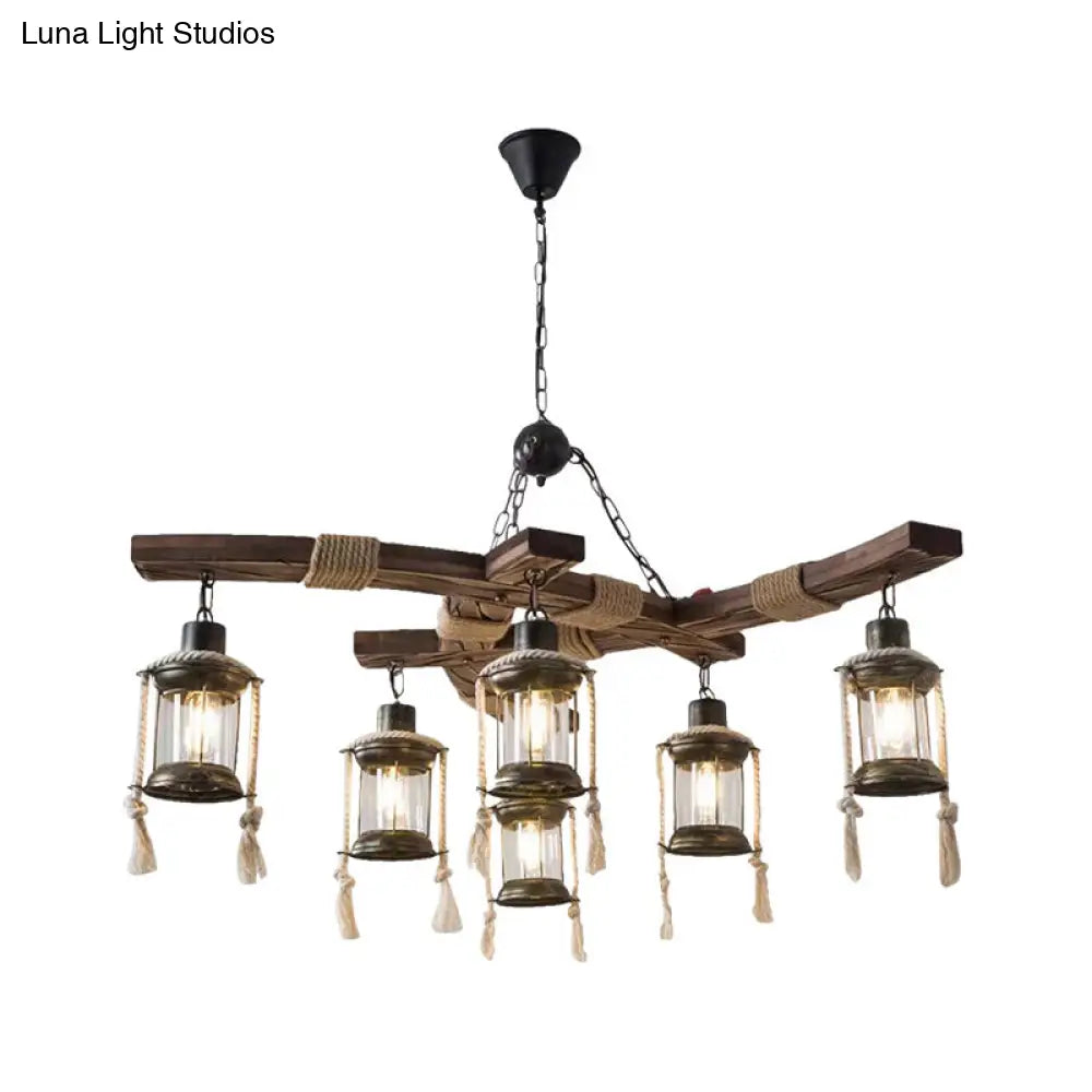 Lodge 6-Bulb Wood Caged Hanging Chandelier - Dining Room Pendant Light With Rope Detail In