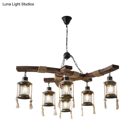 Lodge 6-Bulb Wood Caged Hanging Chandelier - Dining Room Pendant Light With Rope Detail In