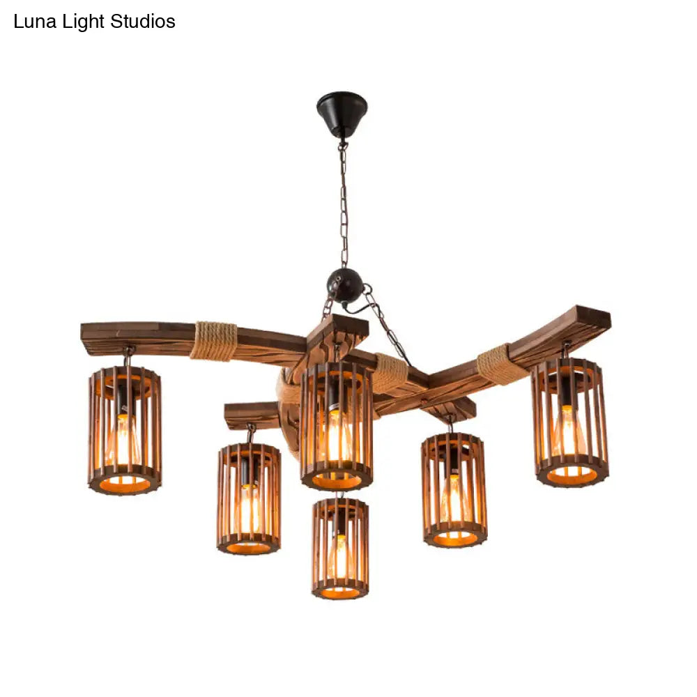 Lodge 6-Bulb Wood Caged Hanging Chandelier - Dining Room Pendant Light With Rope Detail In