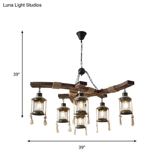 Lodge 6-Bulb Wood Caged Hanging Chandelier - Dining Room Pendant Light With Rope Detail In