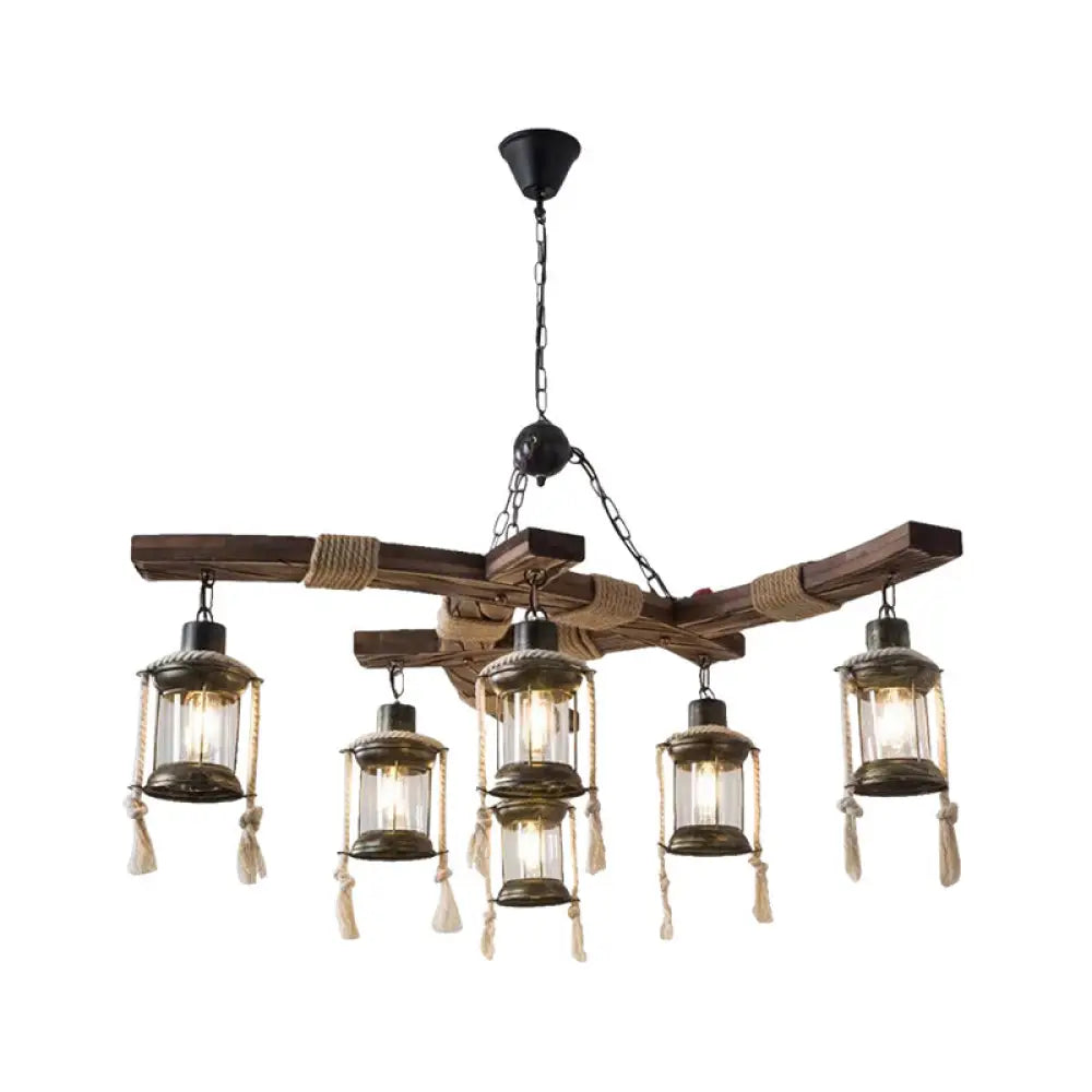 Rustic Lodge Chandelier: Wood Cage Pendant Light With Rope Detail - 6 Bulb Dining Room Ceiling