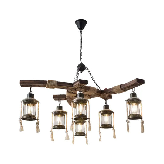 Rustic Lodge Chandelier: Wood Cage Pendant Light With Rope Detail - 6 Bulb Dining Room Ceiling