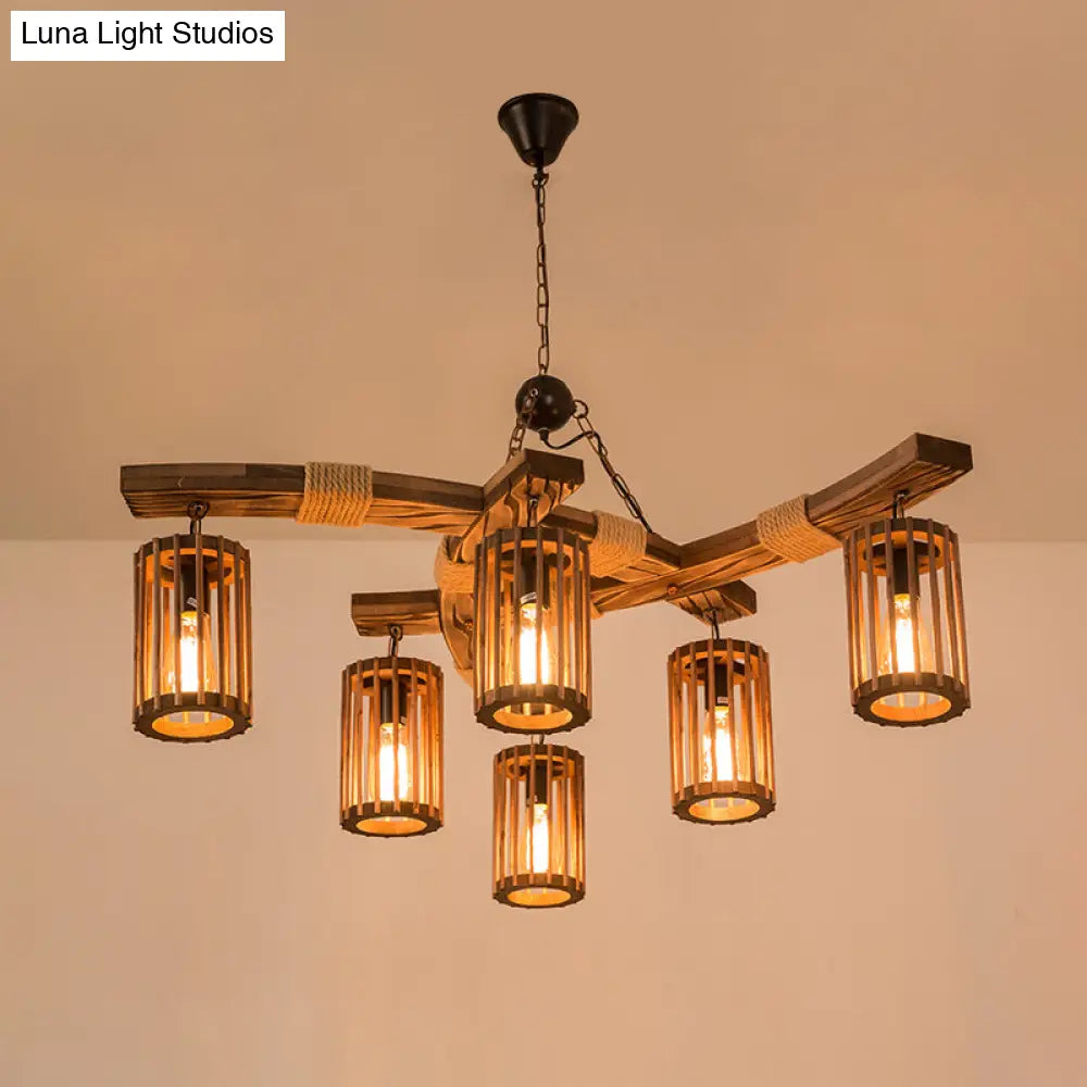 Rustic Lodge Chandelier: Wood Cage Pendant Light With Rope Detail - 6 Bulb Dining Room Ceiling