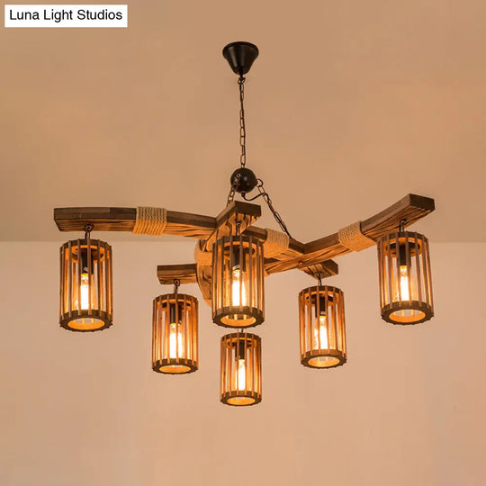 Rustic Lodge Chandelier: Wood Cage Pendant Light With Rope Detail - 6 Bulb Dining Room Ceiling