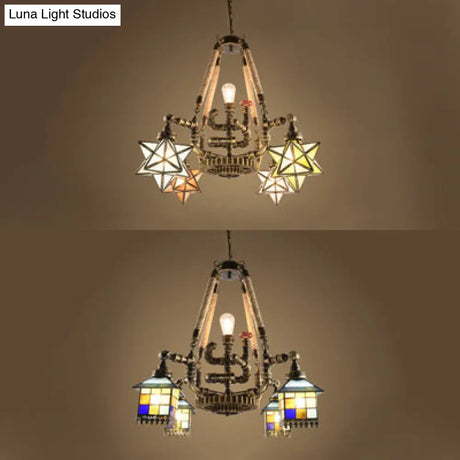 Rustic Lodge Pipe Chandelier With Multi-Light Stained Glass Suspension And Star/House Design