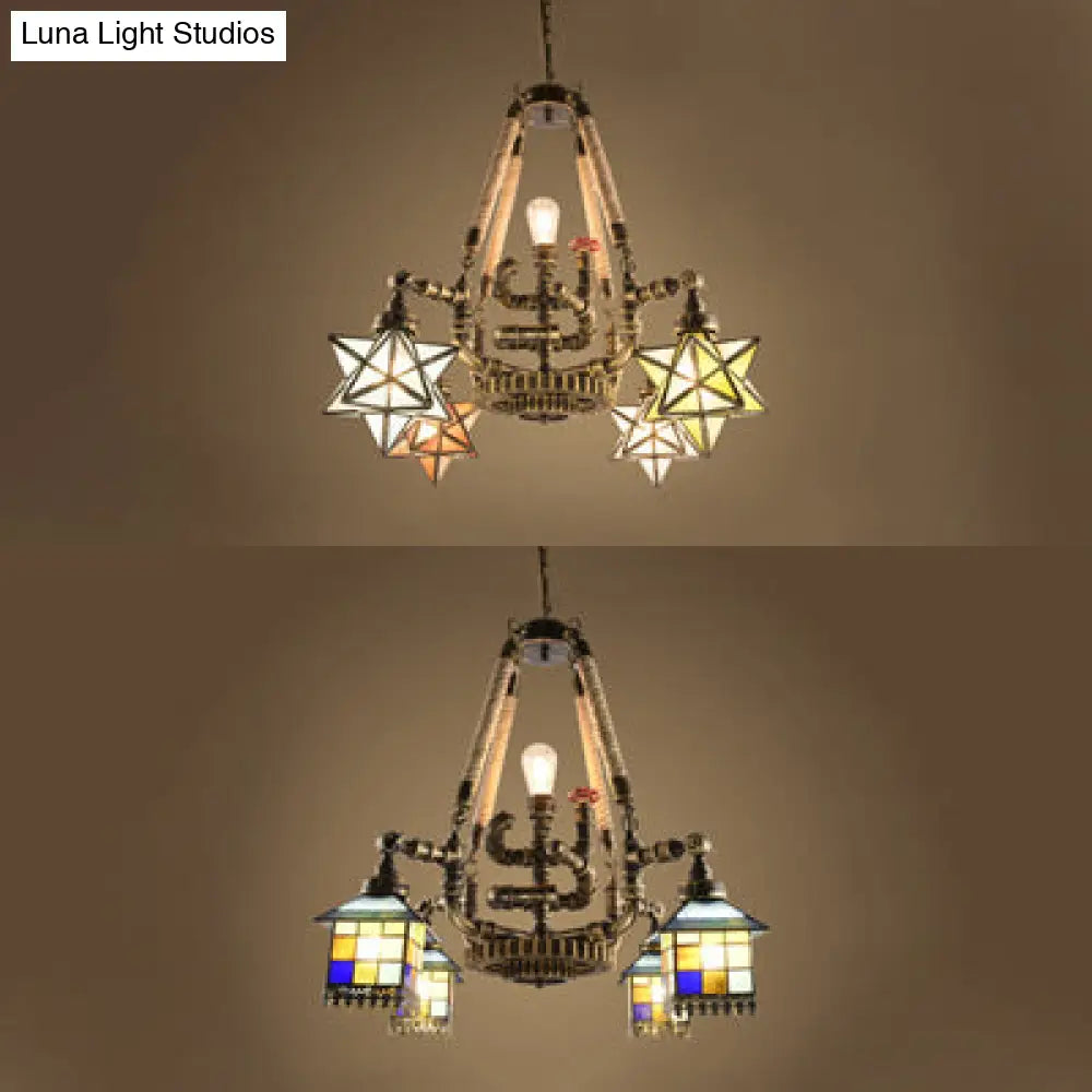 Rustic Lodge Pipe Chandelier With Multi-Light Stained Glass Suspension And Star/House Design
