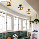 Rustic Lodge Stained Glass Flush Mount Lamp - 1-Head House Lighting In Black/Blue/Brass