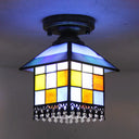 Rustic Lodge Stained Glass Flush Mount Lamp - 1-Head House Lighting In Black/Blue/Brass Blue
